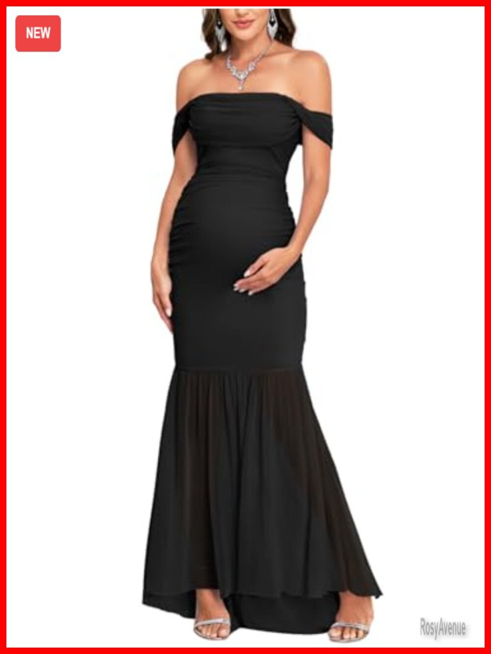 Off Shoulder Maternity Dress Mesh Mermaid Ruched Maxi Gown Baby Shower
